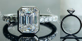 DovEggs emerald bezel half eternity pave moissanite engagement ring
