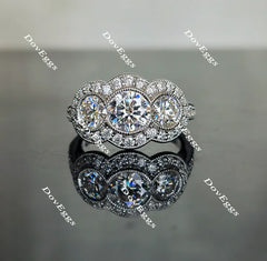 Doveggs three-stone halo pave moissanite engagement ring