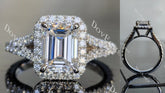DovEggs emerald split shank pave halo moissanite engagement ring