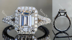 DovEggs emerald split shank pave halo moissanite engagement ring