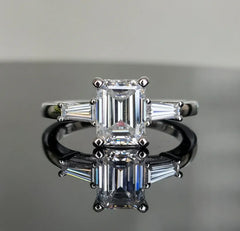 DovEggs 2 carat emerald three stone sterling silver moissanite ring