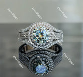 Doveggs round double halo Peacock blue moissanite engagement ring