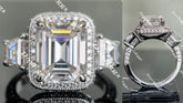 The Aunt Gabby three stone halo emerald moissanite engagement ring