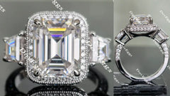 The Aunt Gabby three stone halo emerald moissanite engagement ring
