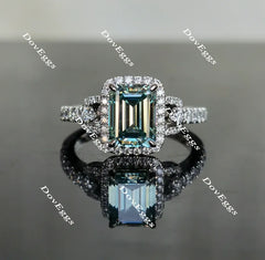 Doveggs peacock blue half eternity pave halo emerald colored moissanite engagement ring