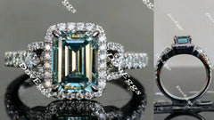 Doveggs peacock blue half eternity pave halo emerald colored moissanite engagement ring