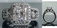 Doveggs radiant halo half eternity pave moissanite engagement ring