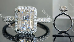Doveggs radiant half eternity pave halo moissanite engagement ring