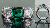Doveggs three-stone asscher zambia emerald colored gem engagement ring