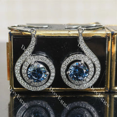 Round loopback art deco pave halo twilight blue moissnaite earrings| Doveggs