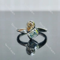 Radiant pear bezel two stones colored moissanite engagement ring| DovEggs