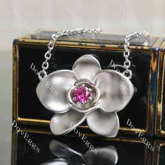 Round orchid flower matte effect colored gem pendant necklace with 18"+2" length chain| Doveggs