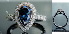 DovEggs pear halo bezel pave twilight blue moissanite engagement ring