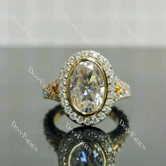 Oval bezel halo split shanks 3/4 eternity moissanite engagement ring| DovEggs