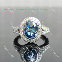 Oval bezel halo split shanks 3/4 eternity moissanite engagement ring| DovEggs