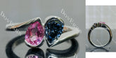 Pear bezel two stones twilight blue moissanite & colored gem engagement ring| DovEggs