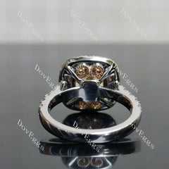 Pink Rose-Cushion bezel halo half eternity moissanite engagement ring| DovEggs