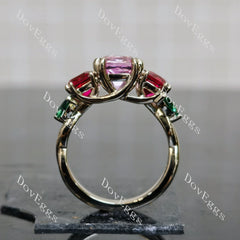 Devra's Rose cushion art deco three stones colored gem engagement ring| DovEggs