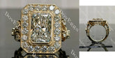 Radiant bezel halo art deco engraved arm moissanite engagement ring| DovEggs