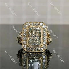 Radiant bezel halo art deco engraved arm moissanite engagement ring| DovEggs