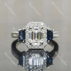 Elongated Krupp cut halo three stones engravd pave moissanite engagement ring| DovEggs