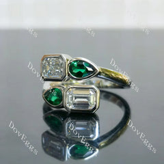 Emerald pear bezel four stones art deco moissanite engagement ring| Doveggs