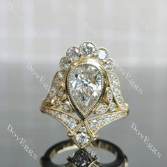 Beth's Victorian Lace-Pear bezel halo art deco moissanite engagement ring| DovEggs