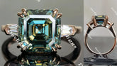 Doveggs Peacock blue asscher three stones moissanite engagement ring