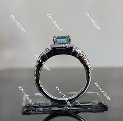 Doveggs peacock blue half eternity pave halo emerald colored moissanite engagement ring