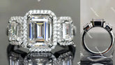 Doveggs three stone halo emerald moissanite engagement ring