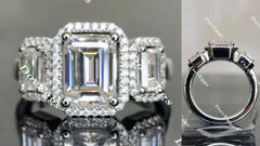 Doveggs three stone halo emerald moissanite engagement ring