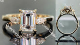The Ara emerald vintage three stone moissanite ring