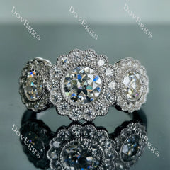 Doveggs round floral halo three stones moissanite engagement ring