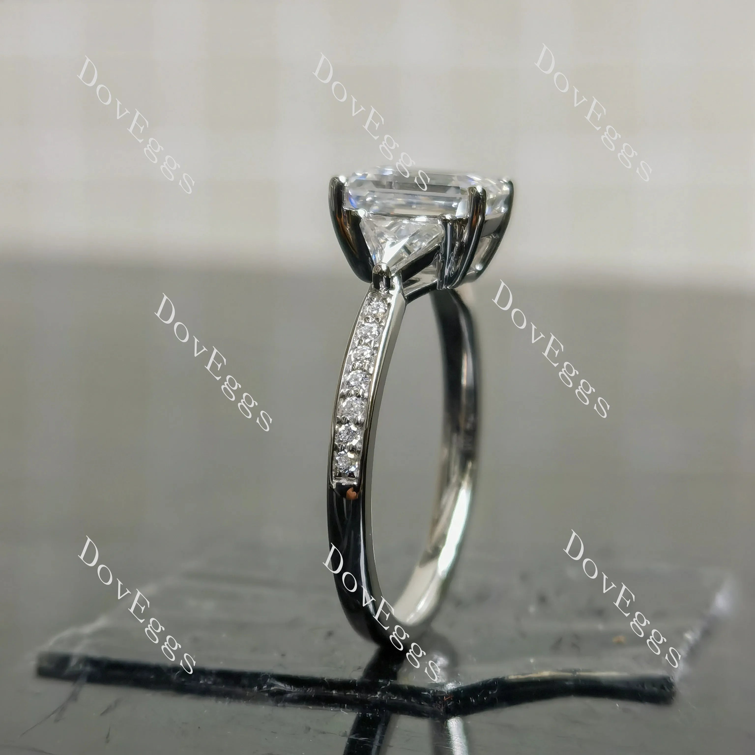 Emerald three stones pave moissanite engagement ring| DovEggs