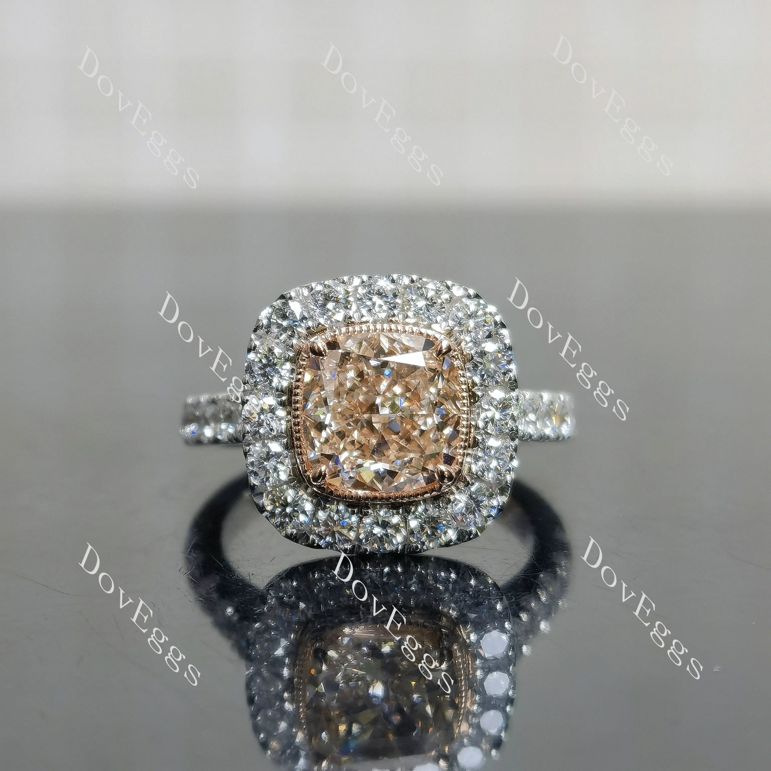 Pink Rose Cushion Bezel Halo Half Eternity Lab Grown Diamond Engagement Ring