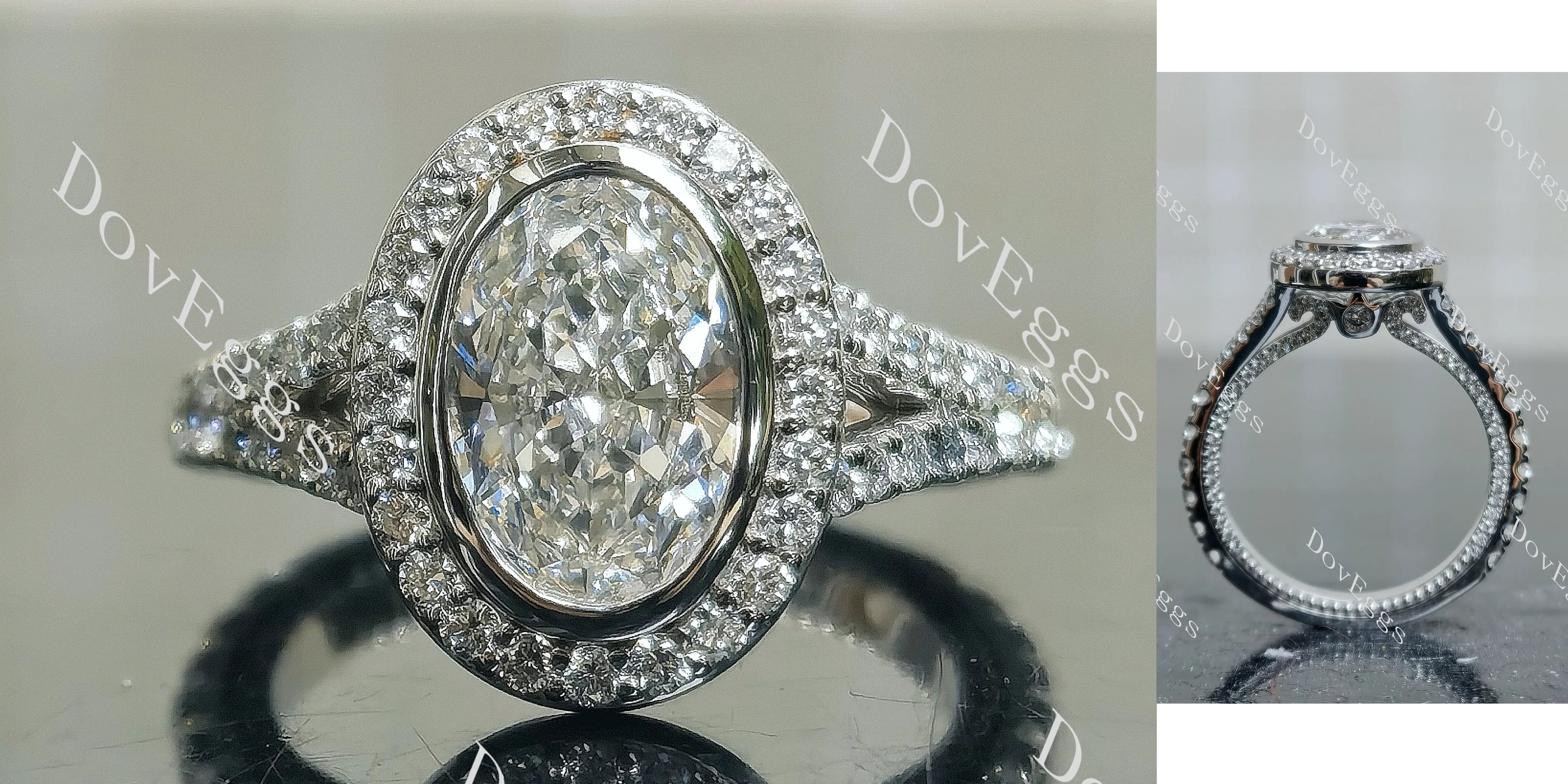 Doveggs Oval Bezel Halo Split Shanks 3/4 Eternity Lab Grown Diamond Engagement Ring