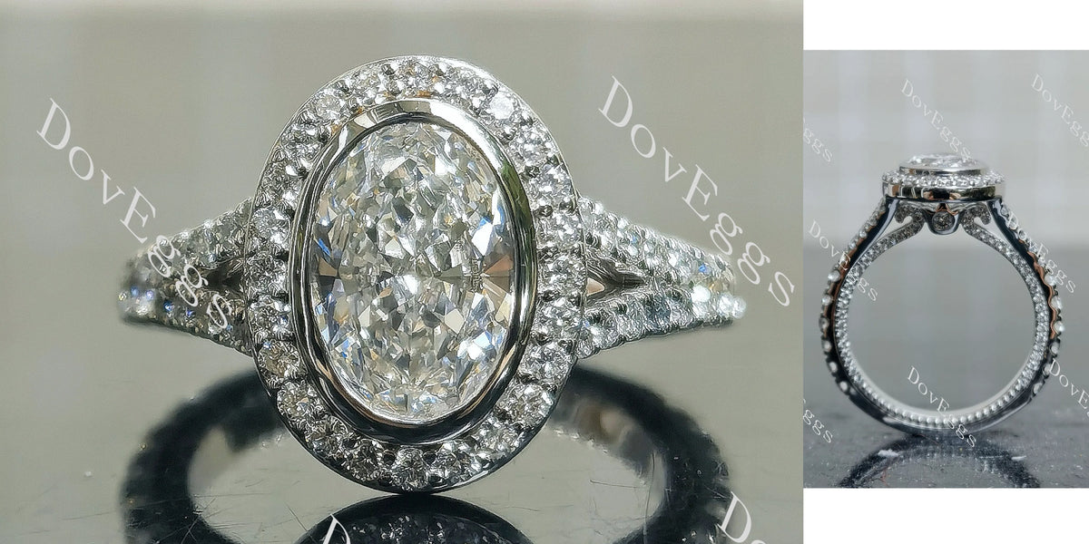 Doveggs Oval Bezel Halo Split Shanks 3/4 Eternity Lab Grown Diamond Engagement Ring