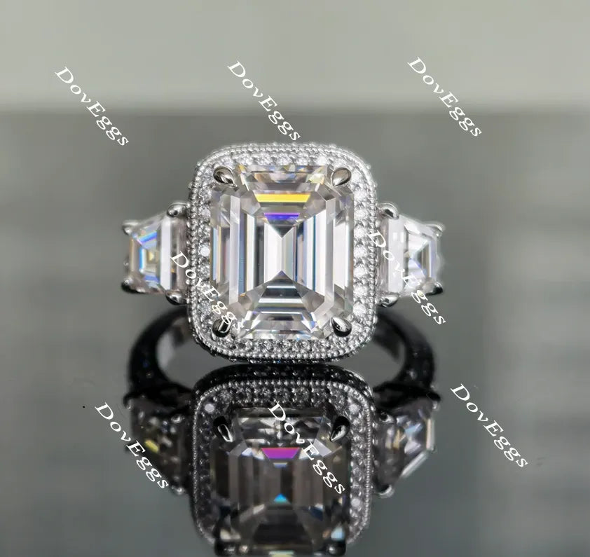 The Aunt Gabby three stone halo emerald moissanite engagement ring