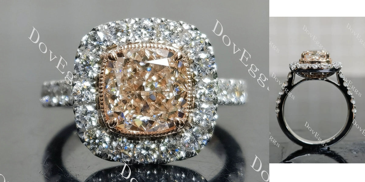 Pink Rose Cushion Bezel Halo Half Eternity Lab Grown Diamond Engagement Ring