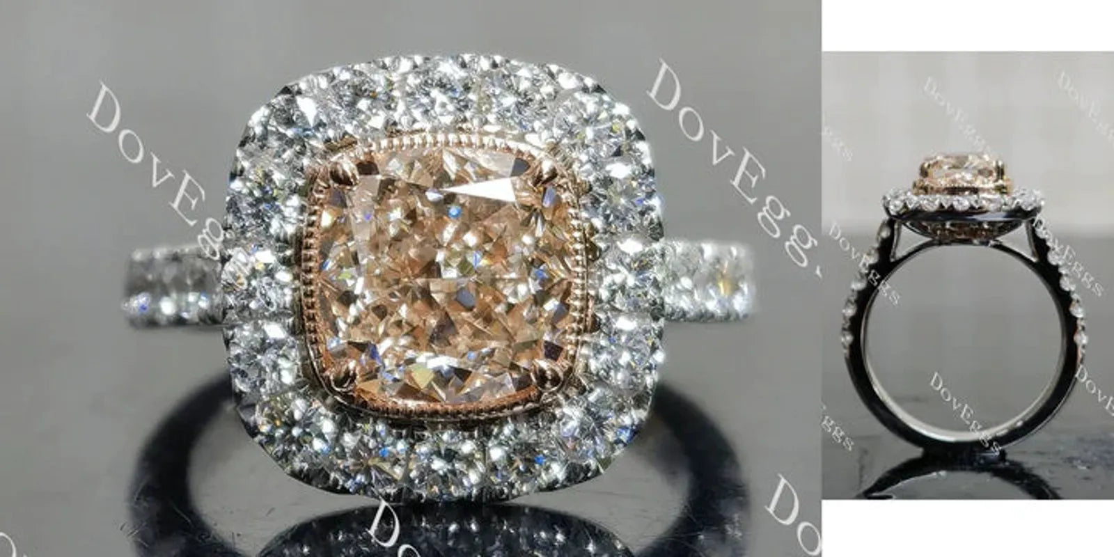 Pink Rose bezel halo half eternity engagement ring semi-mount only(Exclusively to DovEggs Stones)