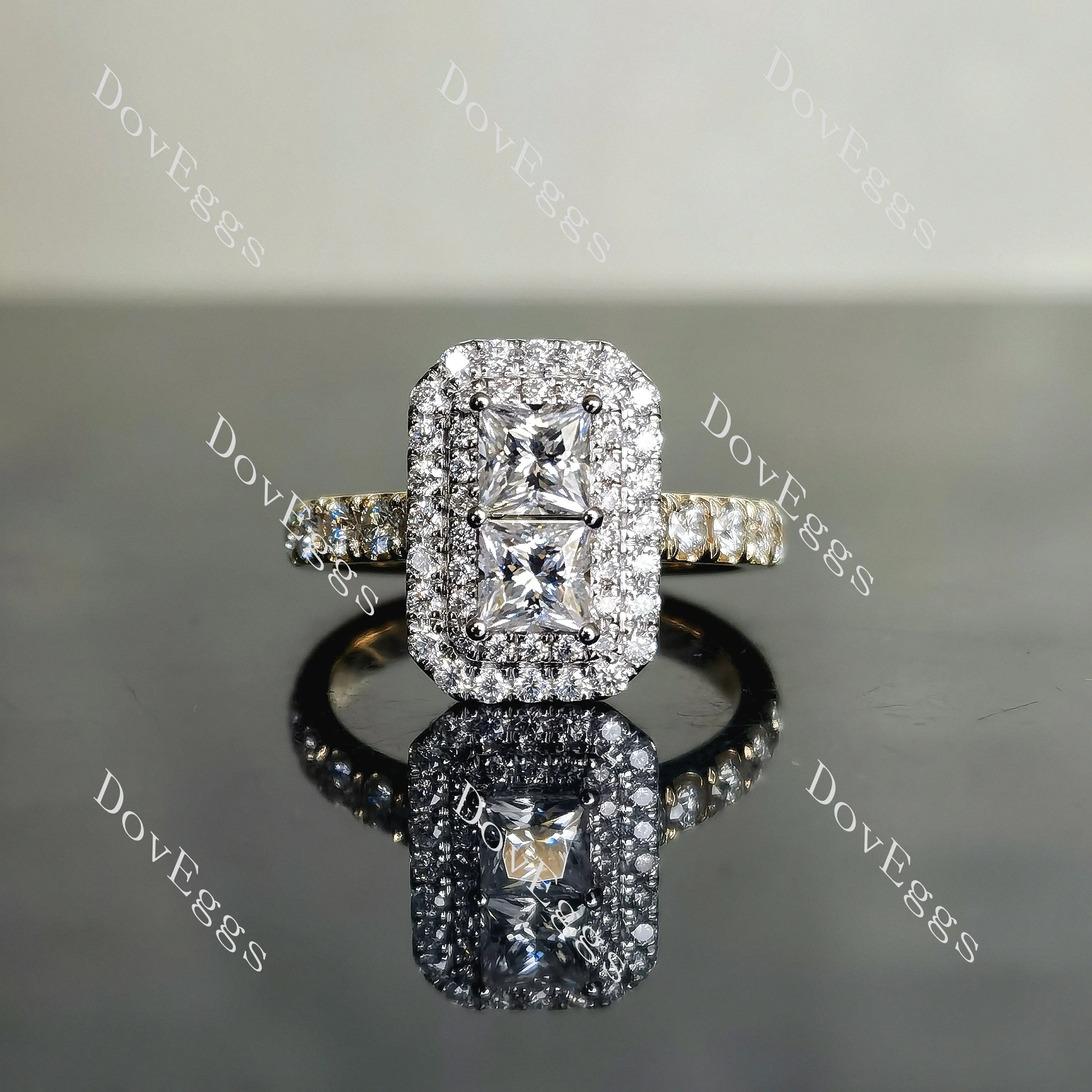 Doveggs princess double halo half eternity pave moissanite engagement ring