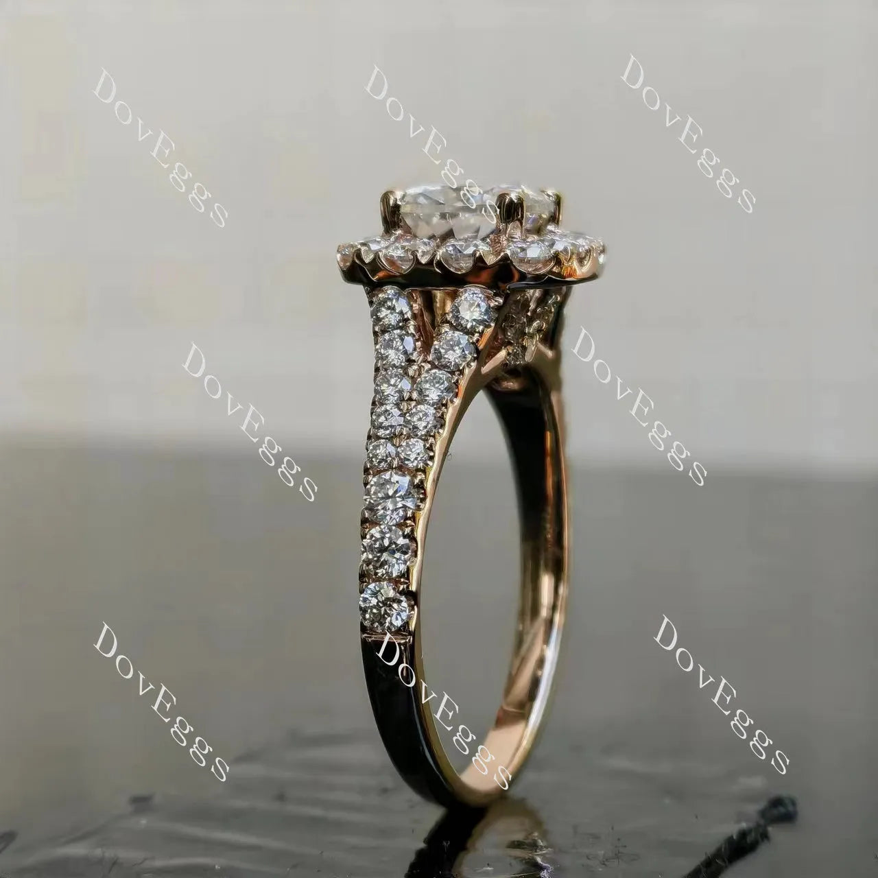 Doveggs cushion halo half eternity moissanite engagement ring