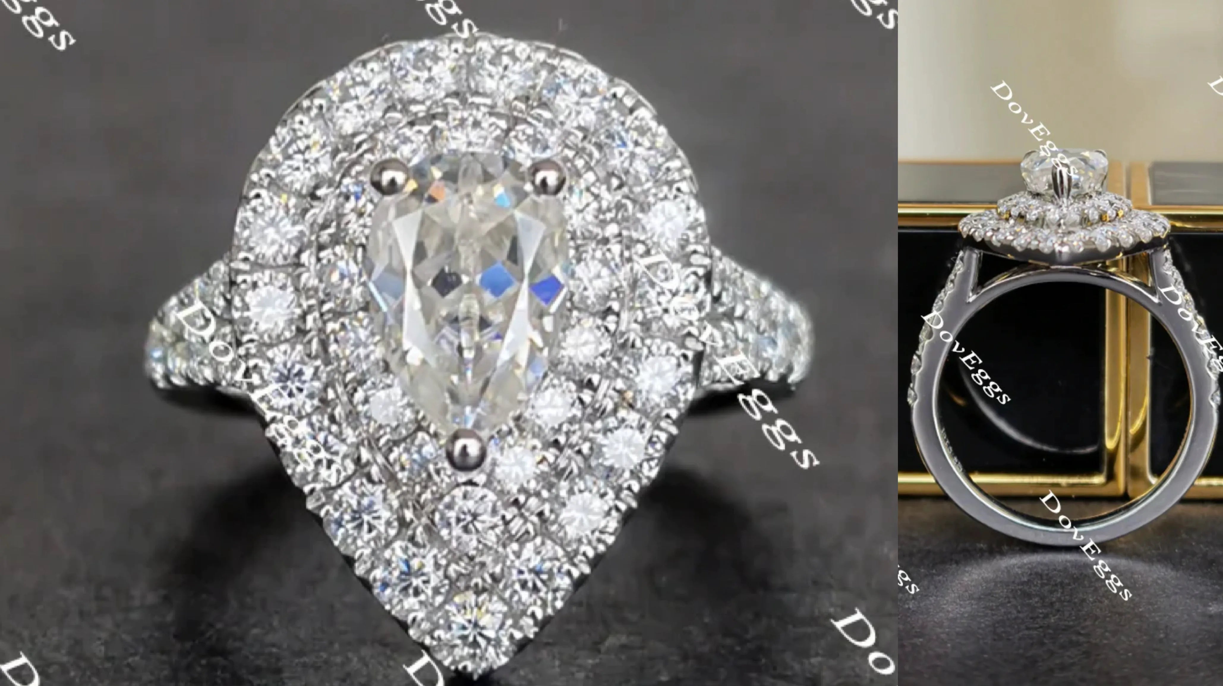 Doveggs pear half eternity double halo moissanite engagement ring