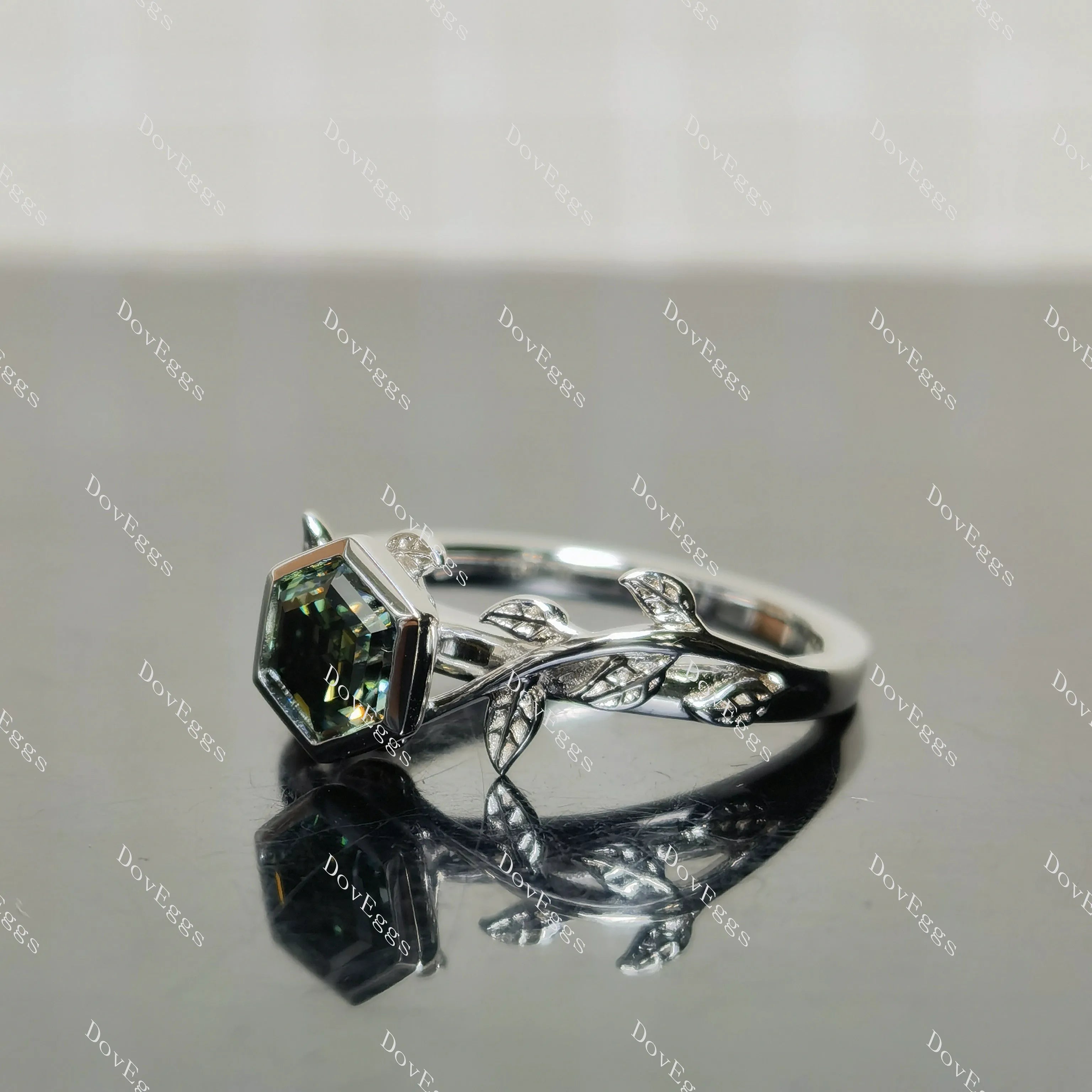 (size 6.5)Doveggs 1ct octagon peacock blue moissanite engagement SS ring