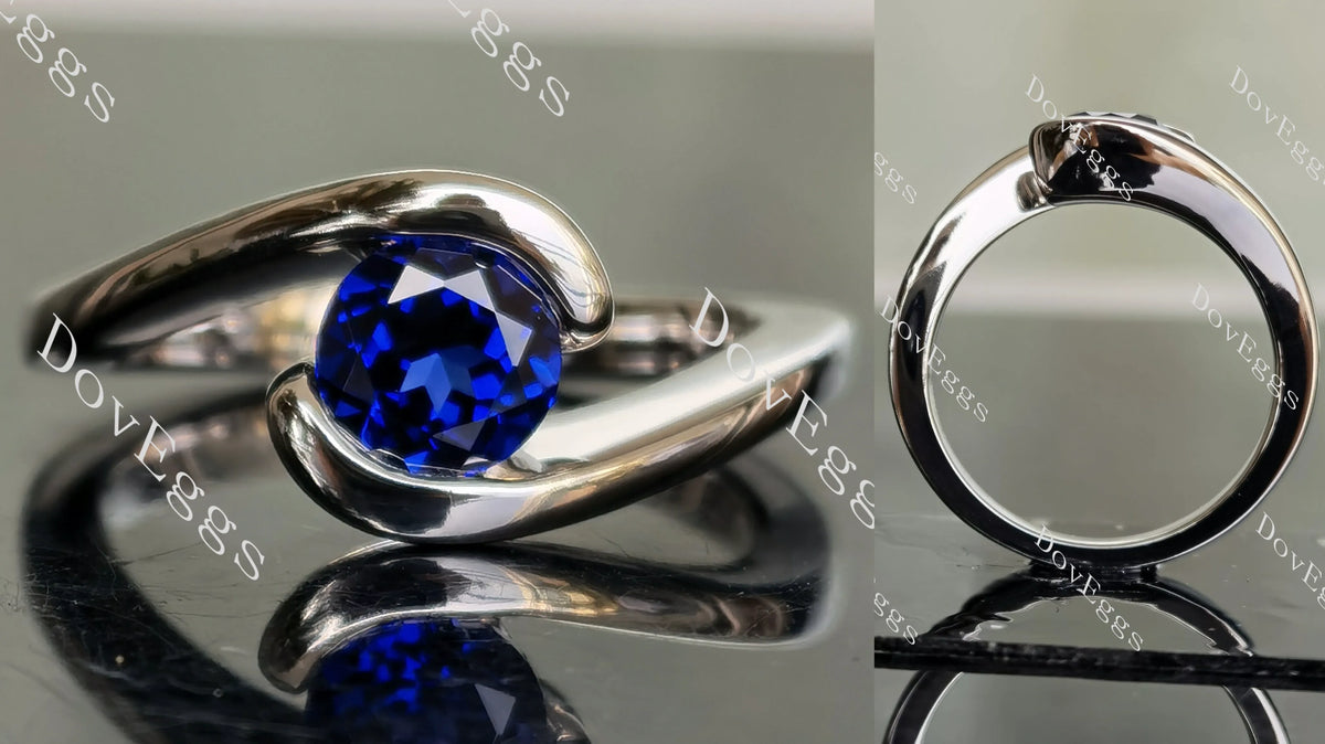 Ocean Wave round solitaire intense royal blue sapphire colored gem engagement ring