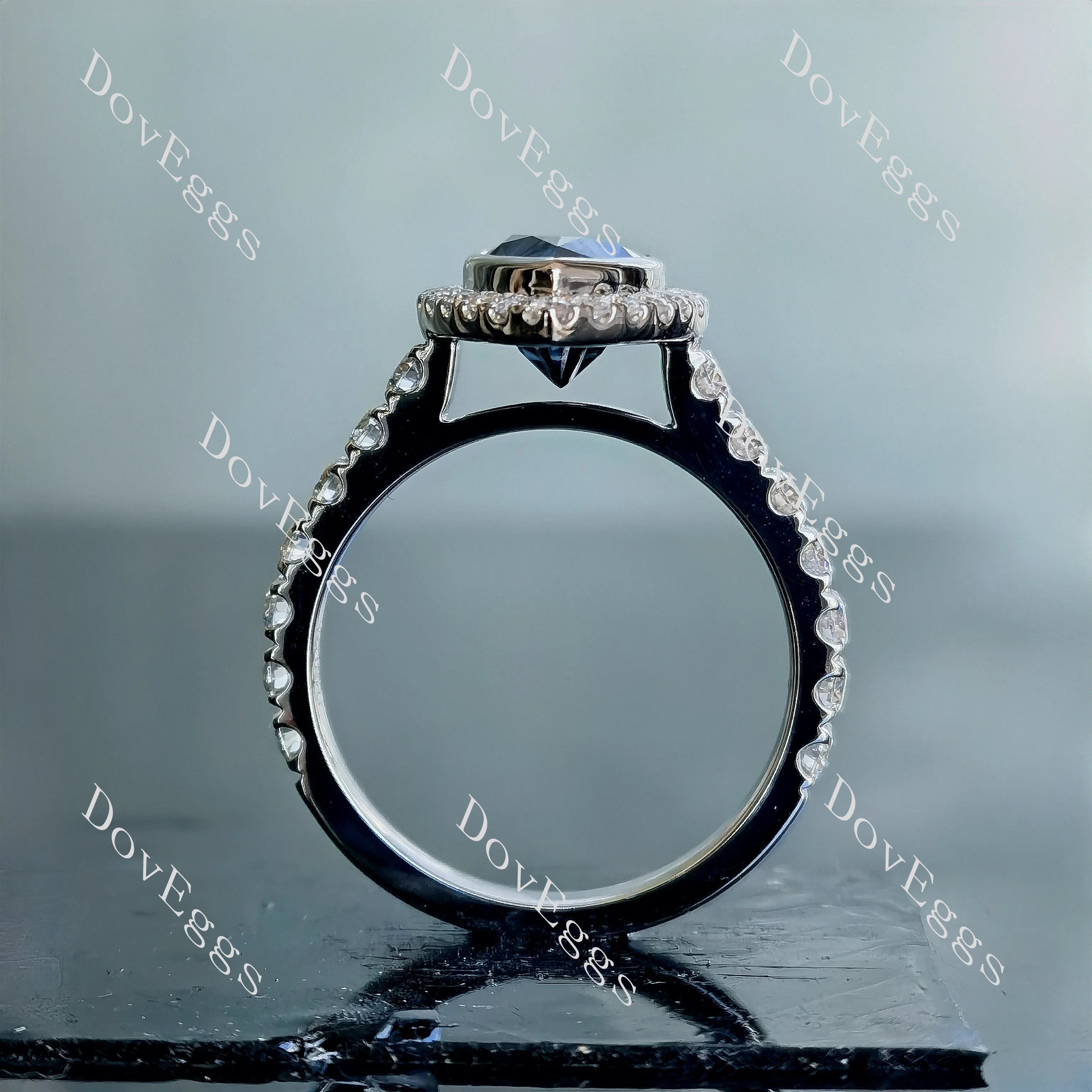 DovEggs pear halo bezel pave twilight blue moissanite engagement ring