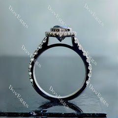 DovEggs pear halo bezel pave twilight blue moissanite engagement ring