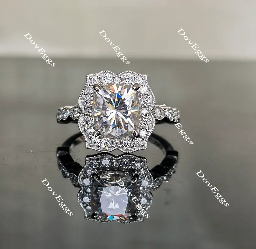 Cushion art deco halo moissanite engagement ring| DovEggs