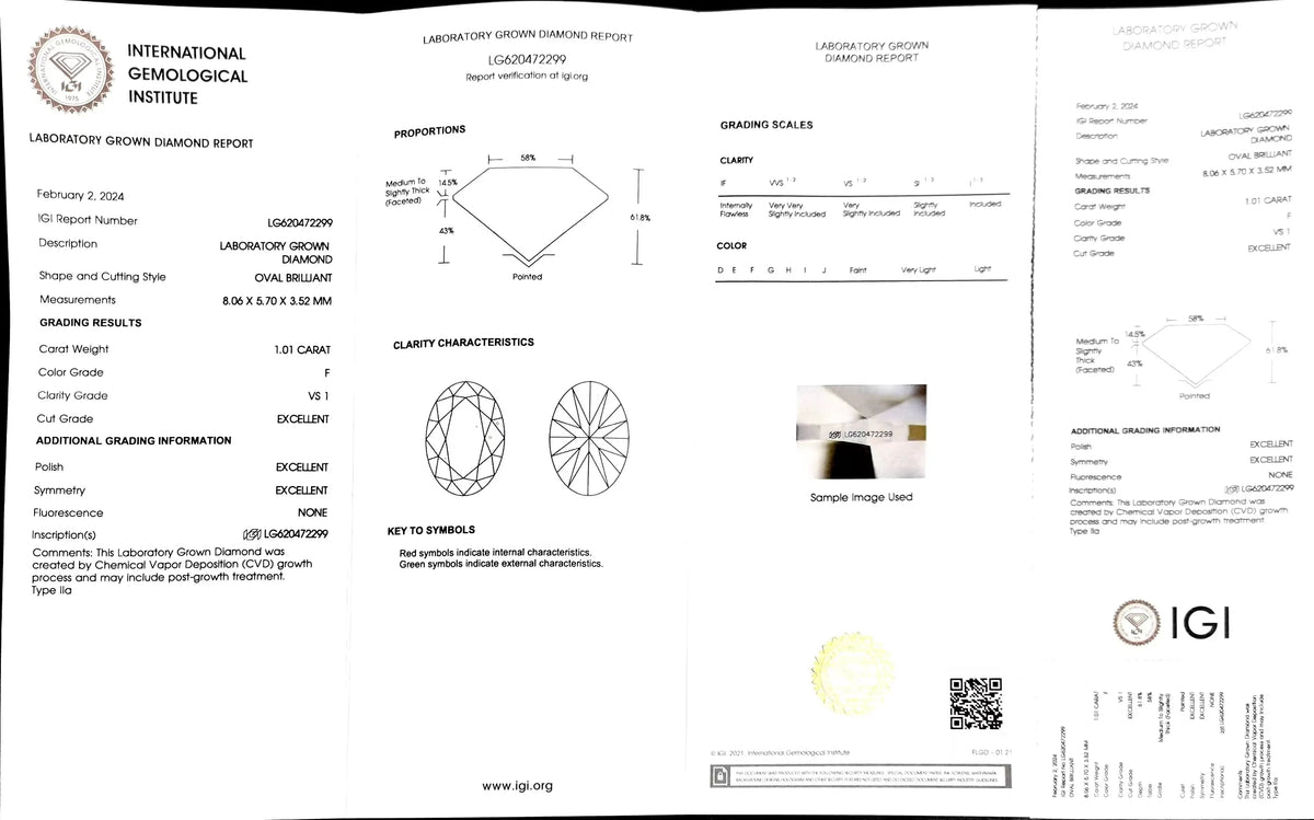 1.01ct Oval Cut Lab Diamond - F Color VS1 | Doveggs Certified