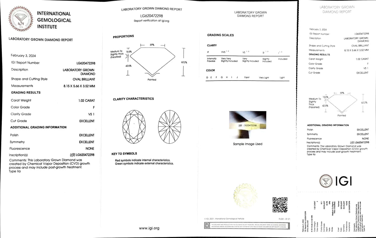 1.02ct Oval Cut Lab Diamond - F Color VS1 | Doveggs Certified